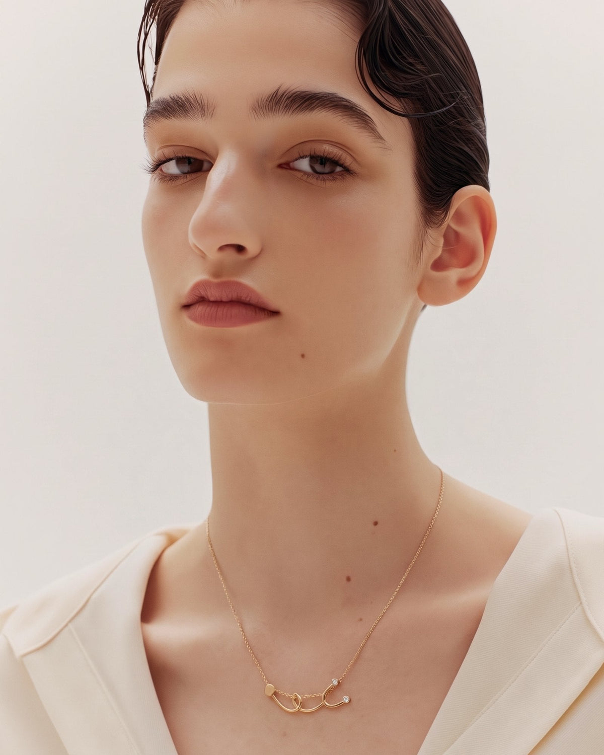 The Surya 18K gold stethoscope necklace with a diamond at each earpiece by House of Rednam