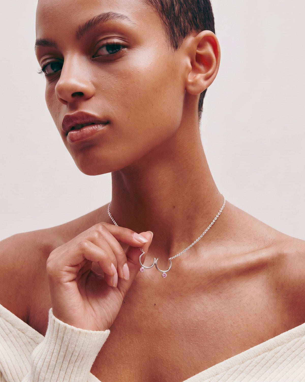 The Priya sterling silver sculpted breast necklace with Pink Sapphires by House of Rednam